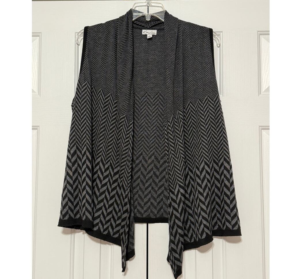Kim Rogers Black and Gray Chevron Asymmetrical Vest, Size 1X